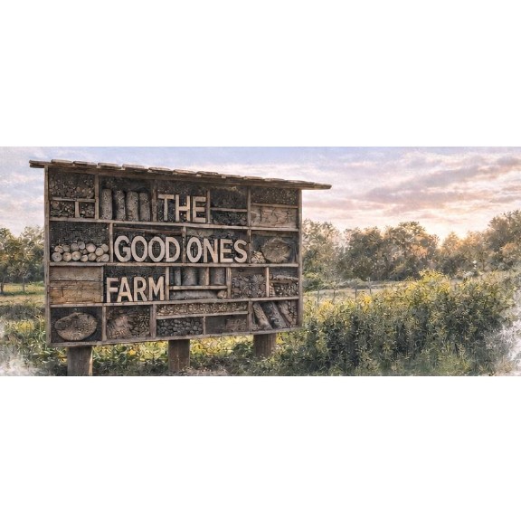 Handgebautes Insektenhotel-Schild, das den Namen „The Good Ones Farm“ buchstabiert